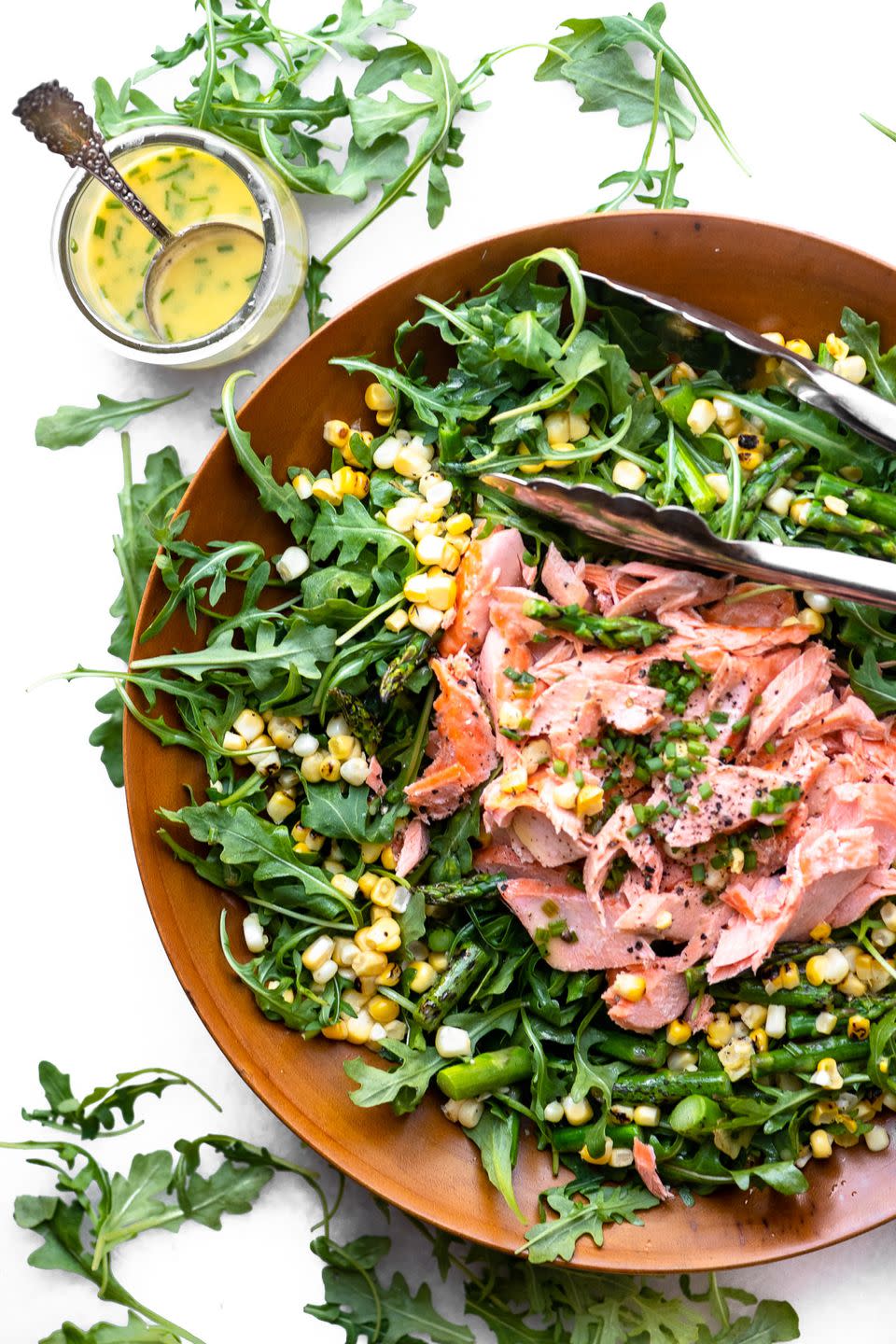 blistered corn and asparagus salad with salmon