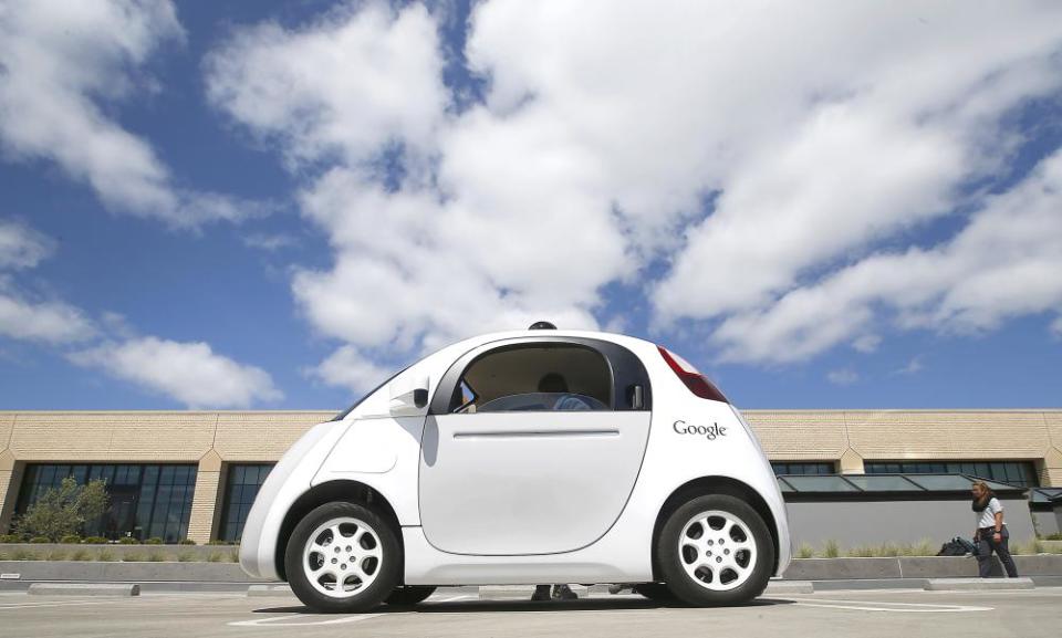 A Google self-driving prototype car at the Google campus in Mountain View, California.