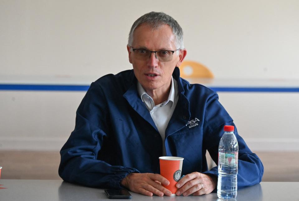 Carlos Tavares Chairman of the Management Board of PSA group and CEO of Stellantis, Carlos Tavares answers journalists' questions after a private visit at the plant of Dutch multinational automotive manufacturing company Stellantis, part of the PSA group in Douvrin, on July 2, 2021. (Photo by DENIS CHARLET / AFP) (Photo by DENIS CHARLET/AFP via Getty Images)