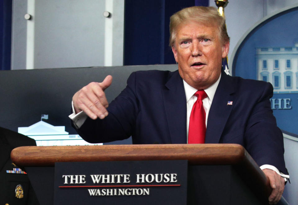 US President Donald Trump during a daily coronavirus briefing on Monday. Source: Getty