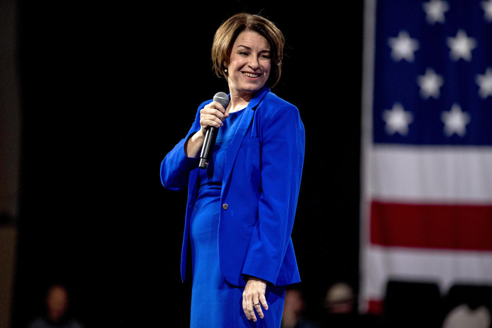 Democratic presidential candidate Sen. Amy Klobuchar, D-Minn., pauses while speaking at "Our Rights, Our Courts" forum New Hampshire Technical Institute's Concord Community College, Saturday, Feb. 8, 2020, in Concord, N.H. (AP Photo/Andrew Harnik)