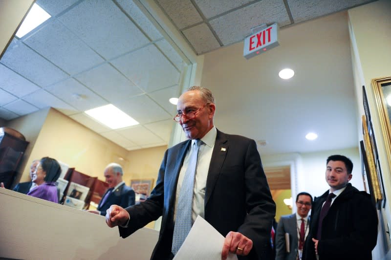 Senate Minority Leader Schumer holds news conference before Trump impeachment trial reconvenes on Capitol Hill in Washington