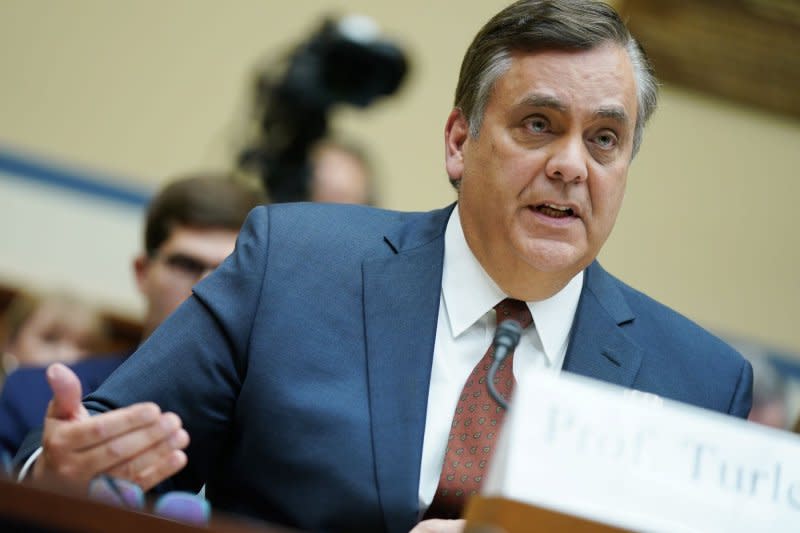 Law Professor Jonathan Turley testifies as the House Oversight and Accountability Committee holds its first hearing on an impeachment inquiry into President Joe Biden on Thursday. Photo by Bonnie Cash/UPI