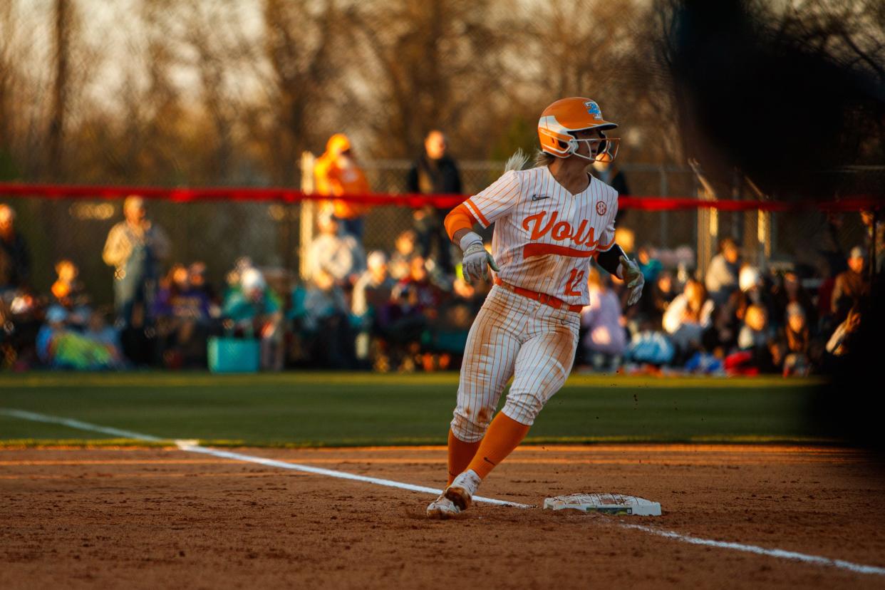 University of Tennessee Vols Mackenzie Donihoo (12) runs onto third during the Midstate Classic at Ridley Sports Complex in Columbia, Tenn. on Mar. 15, 2023.