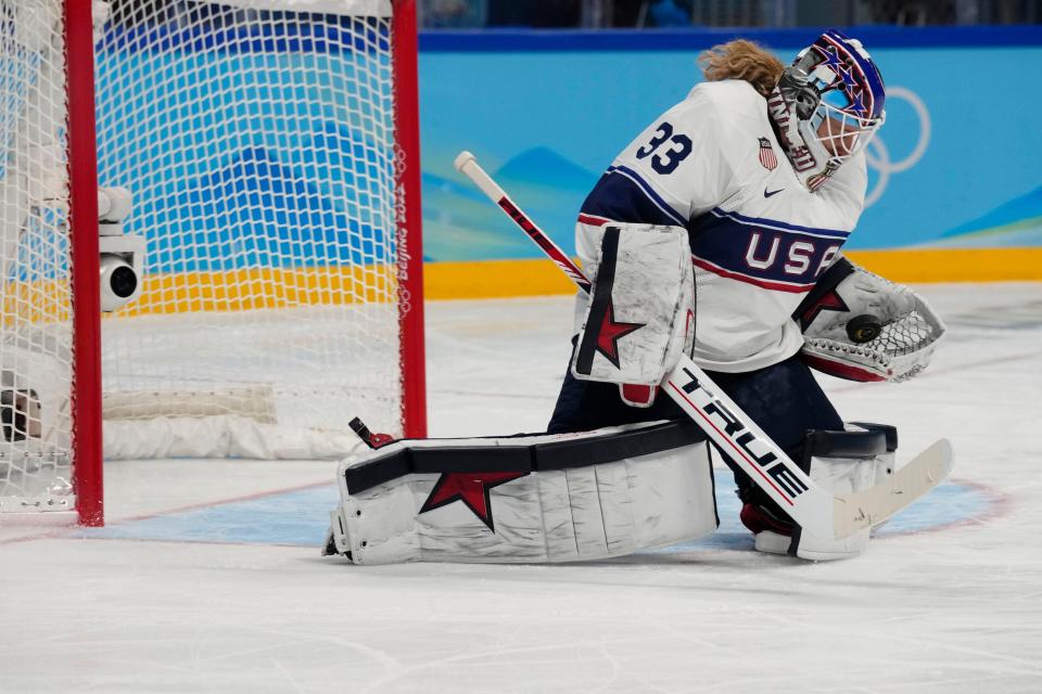 Team United States goalkeeper Alex Cavallini (33) makes a save against Team Canada in the second period during the Beijing 2022 Olympic Winter Games at Wukesong Sports Centre, Feb. 17, 2022.