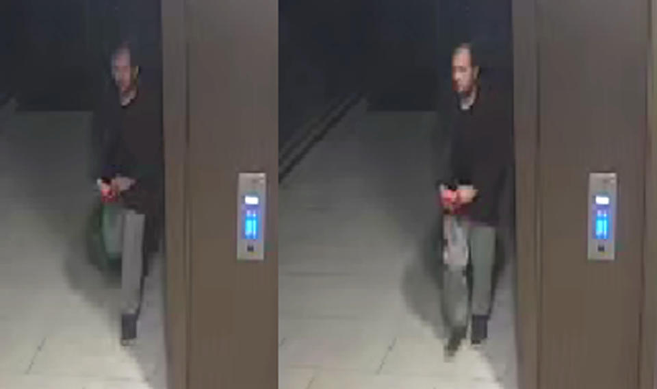 Handout comp of grabs from CCTV issued by the Metropolitan Police of Koci Selamaj walking in Pegler Square SE3 on the evening Sabina Nessa was attacked. 