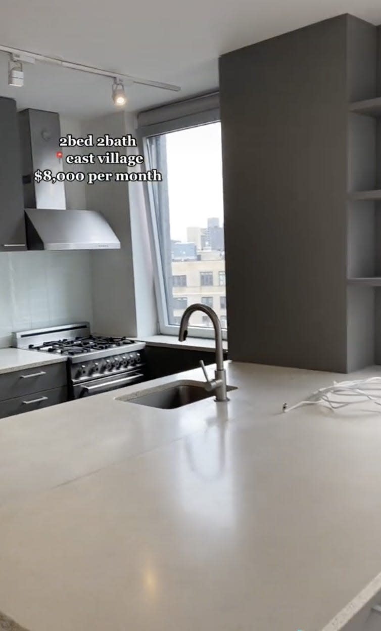 A screenshot of the kitchen in the $8,000 apartment, showing a sink and stove area.