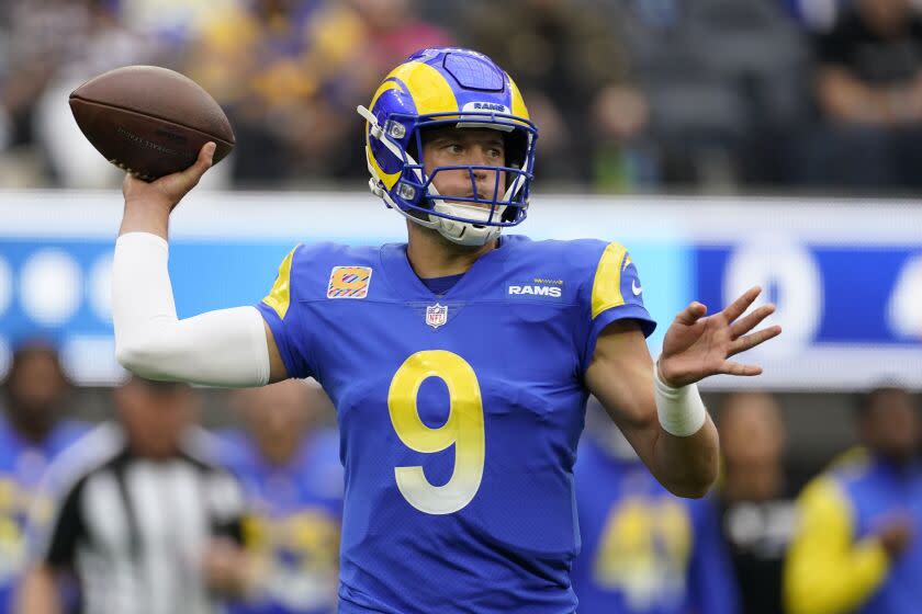 Los Angeles Rams quarterback Matthew Stafford throws against the Carolina Panthers during the first half.