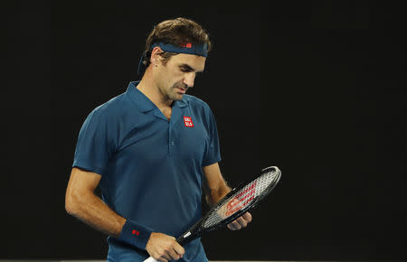 Tennis - Australian Open - Fourth Round - Melbourne Park, Melbourne, Australia, January 20, 2019. Switzerland’s Roger Federer during the match against Greece’s Stefanos Tsitsipas. REUTERS/Adnan Abidi