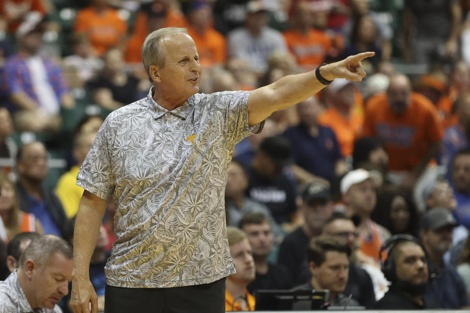 Tennessee head coach Rick Barnes reacts to play as his team takes on Syracuse during the second half of an NCAA college basketball game, Monday, Nov. 20, 2023, in Honolulu. (AP Photo/Marco Garcia)