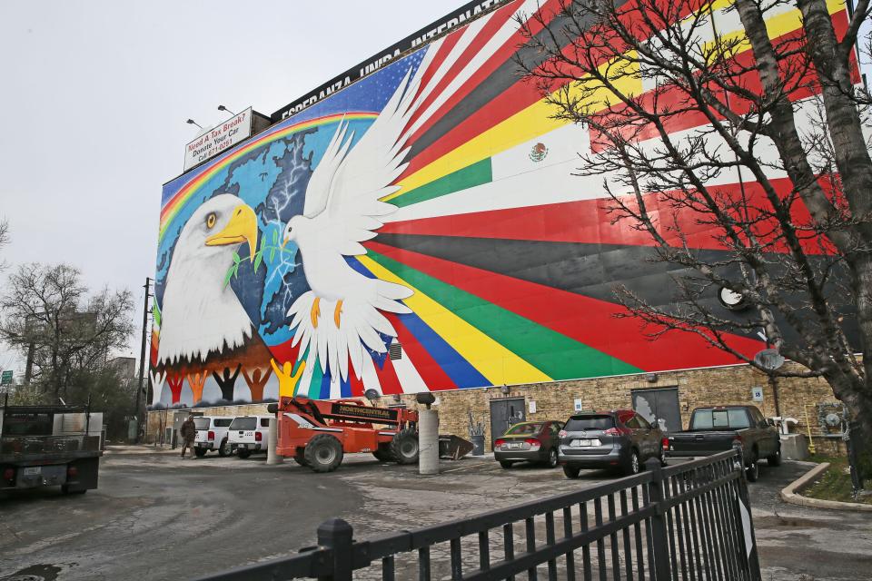 64. Artist Reynaldo Hernandez created The Mural of Peace to reflect the heritage and aspirations of the south-side community. Drivers traveling north on I-43 can see them mural's giant eagle and only slightly smaller dove on the wall of a National Avenue building.