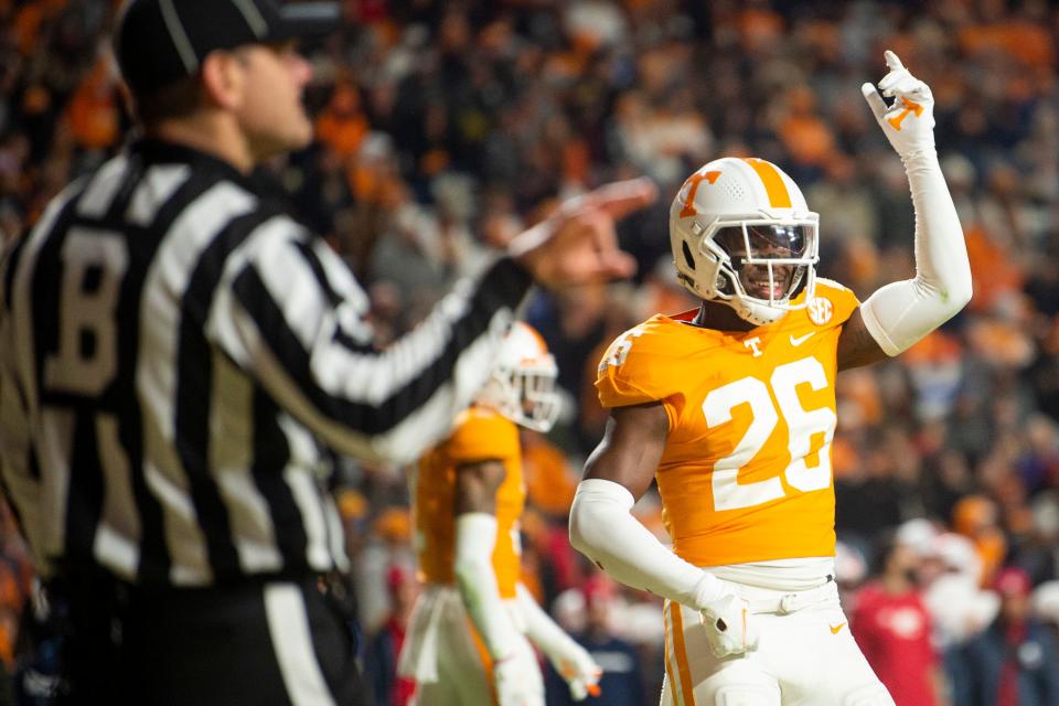 Tennessee defensive back Theo Jackson (26) does a dance after South Alabama false started during a football game against South Alabama at Neyland Stadium in Knoxville, Tenn. on Saturday, Nov. 20, 2021.
