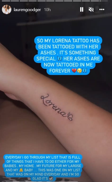 Lauren Goodger has had her daughter ashes tattooed into her. (Instagram/Lauren Goodger)