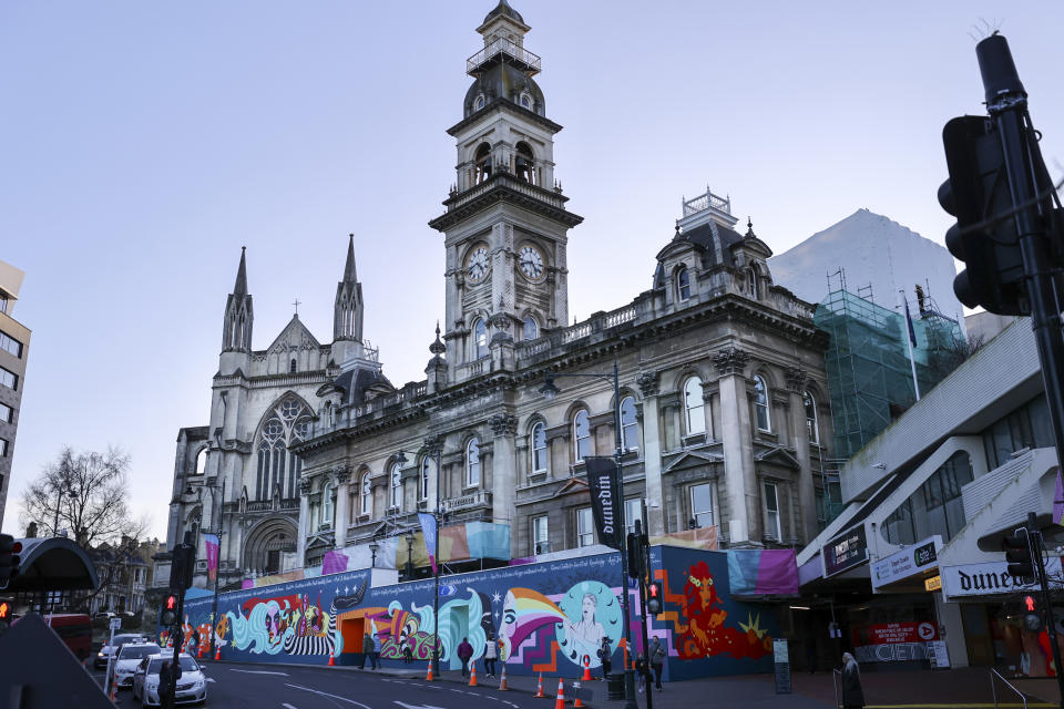 A mural painted for the Women's World Cup on the front of Town Hall in central Dunedin, Sunday July 30, 2023.Women's World Cup host city Dunedin, at latitude of 45.88 degrees South is the southernmost city to ever host a World Cup tournament, men's or women's. (AP Photo/Matthew Gelhard)