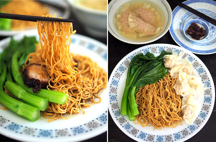 The noodles have a lovely, springy texture and is simple to cook at home (left). If you're feeling lazy, just pair your duck egg 'wantan' noodles with 'wantans' from Koon Kee Food Industries (right)