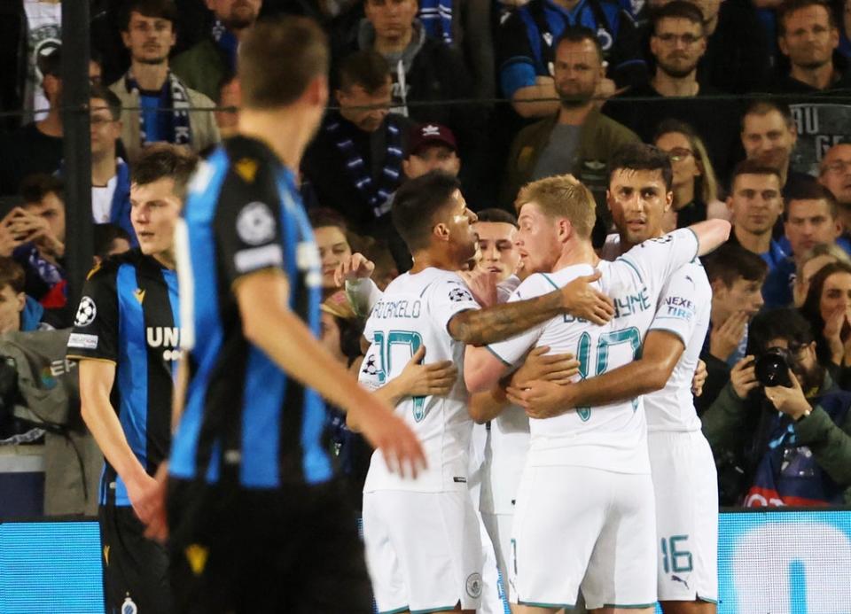 Manchester City celebrate after Riyad Mahrez’s penalty (Reuters)