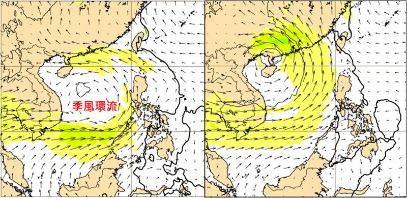 5日20時歐洲模式850百帕風場模擬圖顯示，7日20時「季風環流」(monsoon gyre)在南海逐漸成形（左圖）；下週三20時「熱帶擾動」已在雷州半島附近（右圖）。