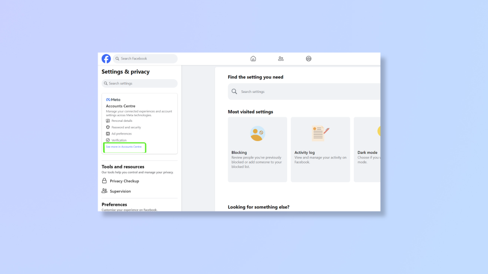 Screenshot of the Facebook website's Settings page with a box highlighting the Accounts centre. 