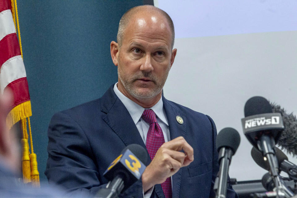 Pasquotank County District Attorney Andrew Womble answers questions from reporters after announcing he will not charge deputies in the fatal shooting of Andrew Brown Jr. during a news conference Tuesday.  (Travis Long/The News & Observer via AP)