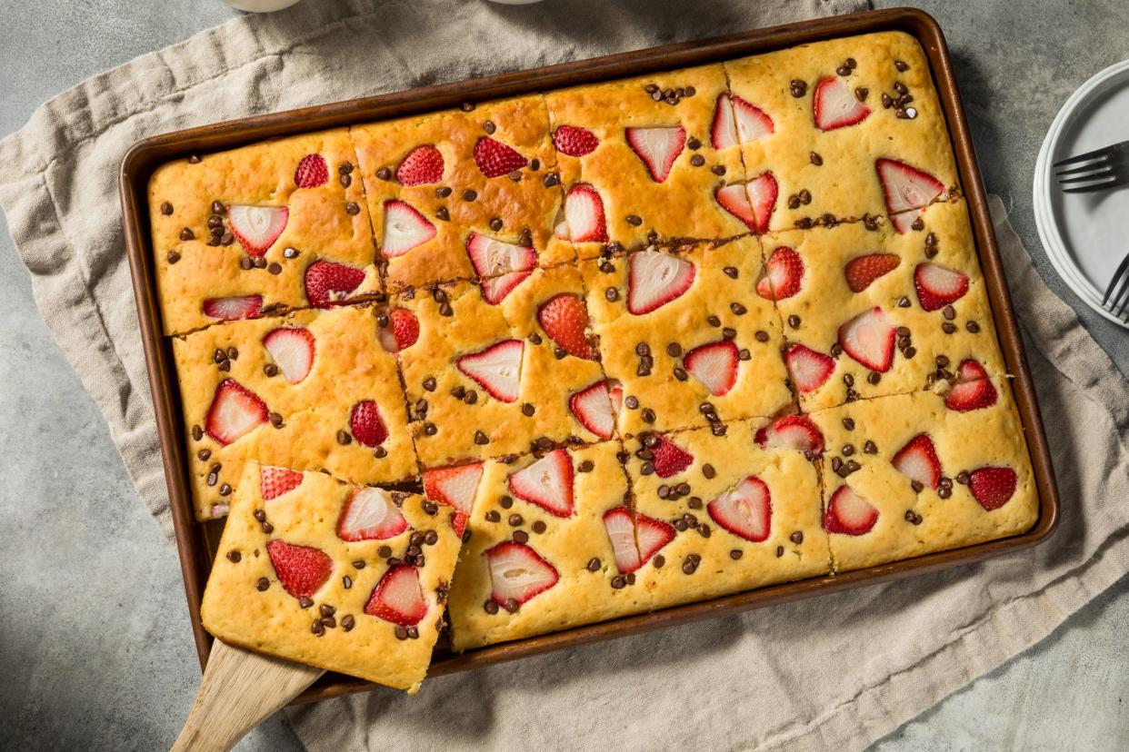 Homemade Baked Sheet Pan Pancakes with Strawberries and Chocolate