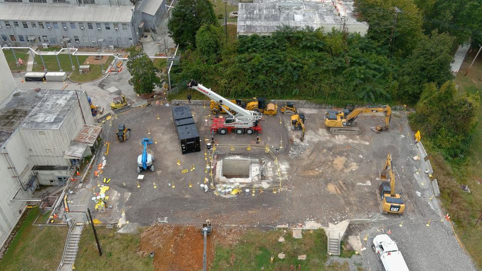 An aerial view of the footprint of the Low Intensity Test Reactor after U.S. Department of Energy Office of Environmental Management crews demolished it. Crews have since shipped the reactor vessel and backfilled the pit where the facility had stood.