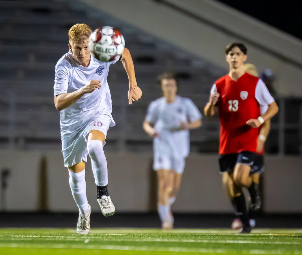 Westlake Chaparrals midfielder William Fagerberg (10) chases down the ball against the Bowie Bulldogs during the second half at the District 26-6A boys soccer game on Friday, Feb 2, 2024, at Toney Burger Stadium in Austin, TX.