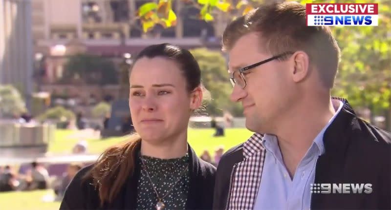 Distressed couple Jessica and Jack Thomas speak to TV news cameras. 