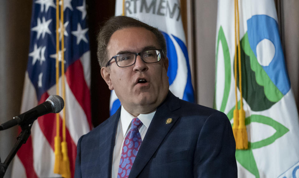 Environmental Protection Agency administrator Andrew Wheeler speaks about President Donald Trump's decision to revoke California's authority to set auto mileage standards stricter than those issued by federal regulators, at EPA headquarters in Washington, Wednesday, Sept. 18, 2019. (AP Photo/J. Scott Applewhite)