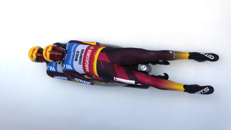 Germany's Toni Eggert and Sascha Benecken compete in the men's doubles at a World Cup luge event Friday, Dec. 16, 2022, in Park City, Utah. (AP Photo/Rick Bowmer)