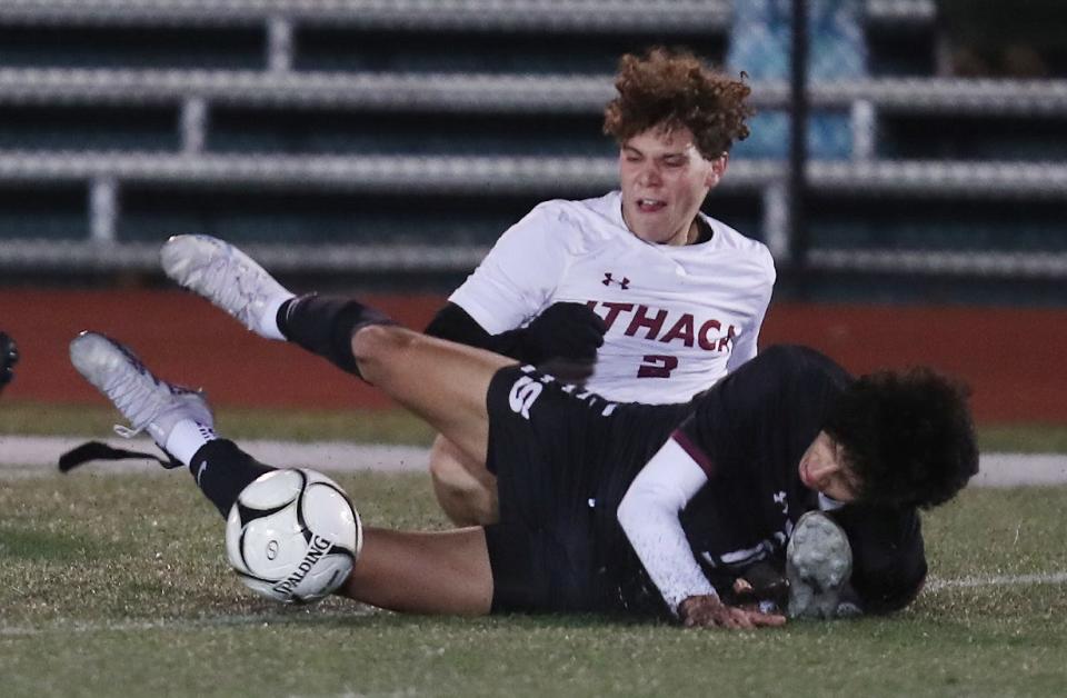 Scarsdale's Lorenzo Galeano (10) and Ithaca's Alexandros Lambrou (2) battle for ball control during boys soccer regional playoff at Yorktown High School Nov. 1, 2023. Scarsdale won the game 4-2.