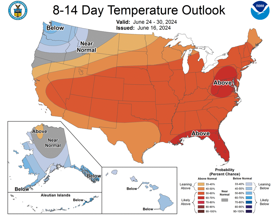 The temperature outlook across the U.S. for the rest of June 2024.