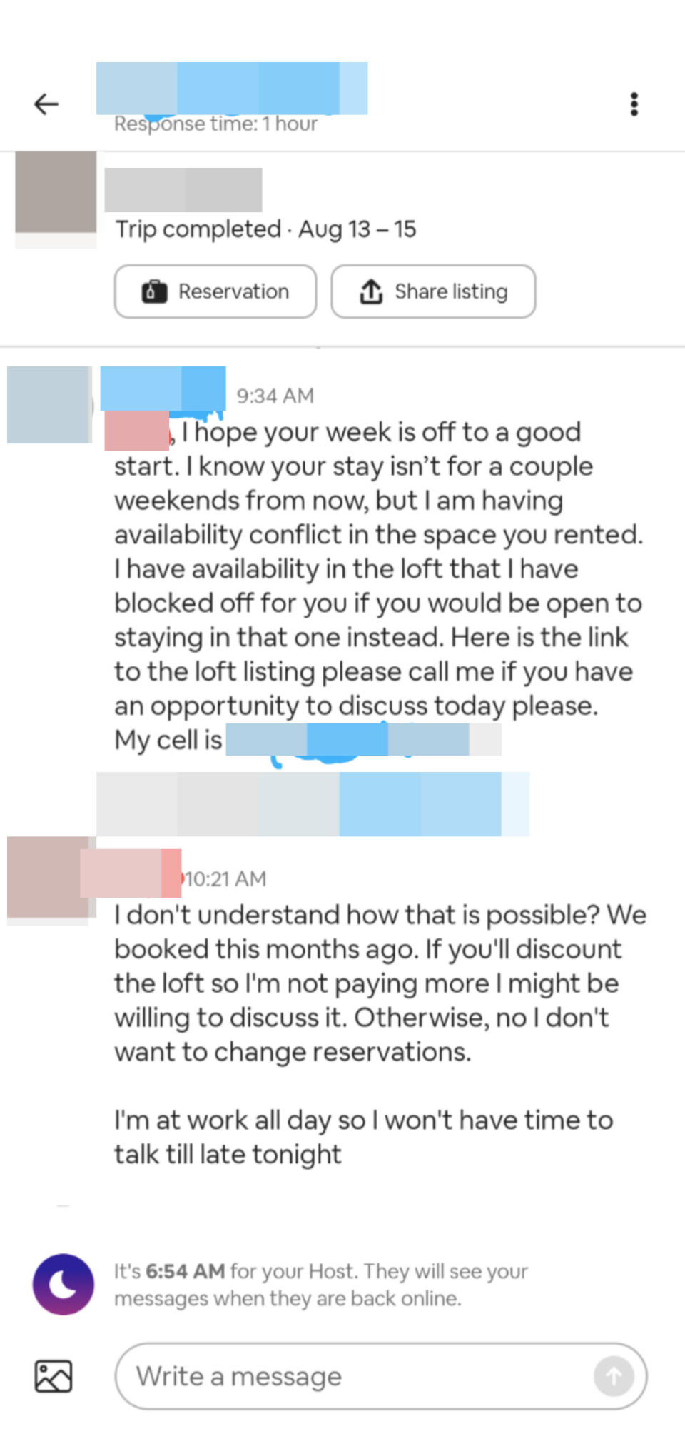 Screenshot of an Airbnb conversation