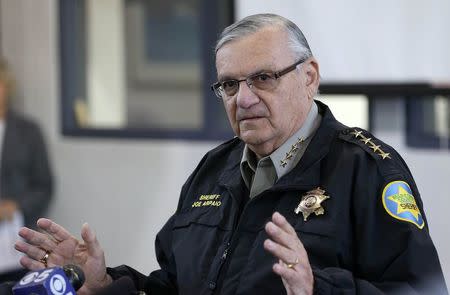 Maricopa County Sheriff Joe Arpaio addresses the media about a simulated school shooting in Fountain Hills, Arizona, United States on February 9, 2013. REUTERS/Darryl Webb/File Photo