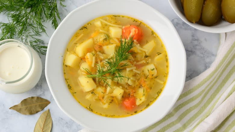 Pickle soup with potatoes and carrots