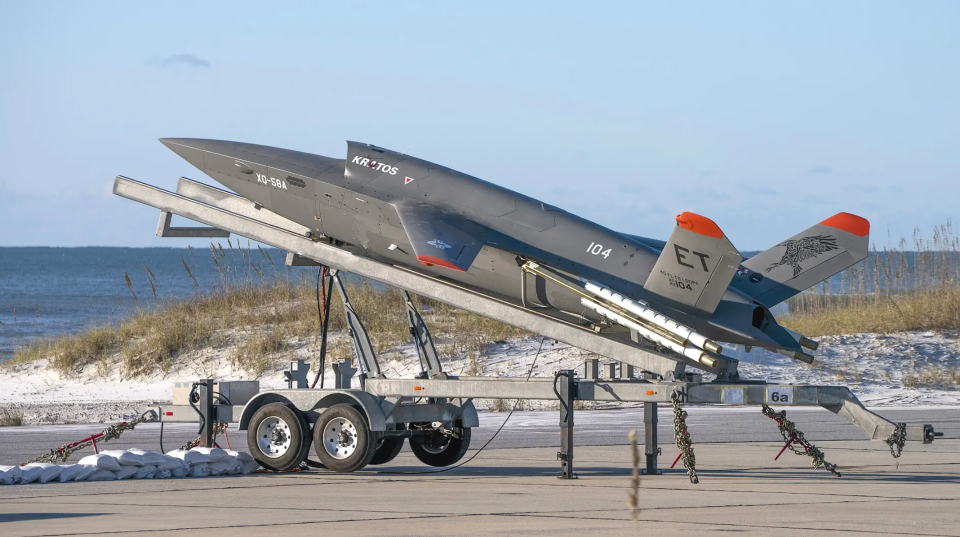 A U.S. Air Force XQ-58A Valkyrie sits on its trailer-mounted launcher. <em>U.S. Air Force</em>