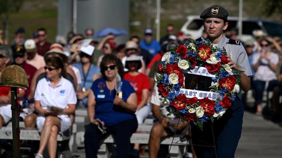 Lakewood Ranch and Parrish Community High’s JROTC laid wreaths for the different branches of the military during the Memorial Day Service presented by the Manatee County Veterans Council at the Donald L. Courtney Veterans Park in Bradenton on Monday, May 27, 2024.