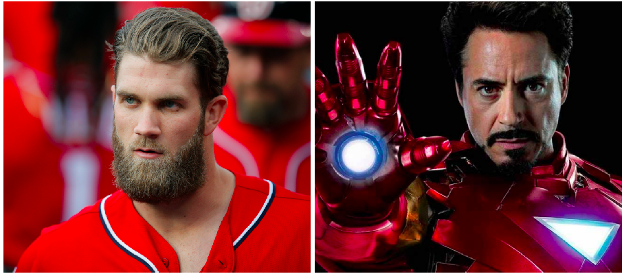 Bryce Harper has the confidence to make a good Iron Man. (Photos via AP and Marvel)