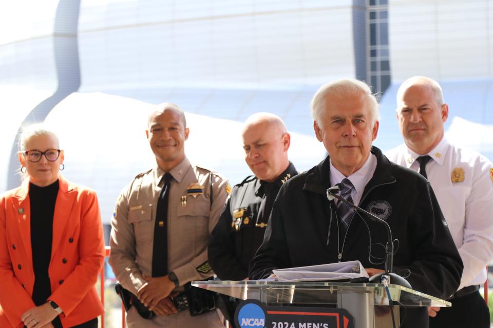 Glendale Mayor Jerry Weiers on April 1, 2024, discusses the coordinated effort among public safety agencies to keep visitors safe at the upcoming NCAA Men’s Basketball Final Four, which is being held at State Farm Stadium.