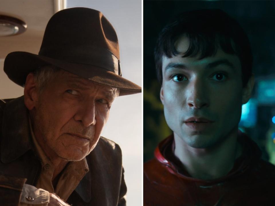 Haudegen versus Jungspund: Harrison Ford (li.) geht in seinen fünften Einsatz als Indiana Jones, Ezra Miller stürmt erstmals solo als "The Flash" ins Kino. (Bild: Courtesy of Warner Bros. Pictures/™ & © DC Comics / ©2022 Lucasfilm Ltd. & TM. All Rights Reserved.)