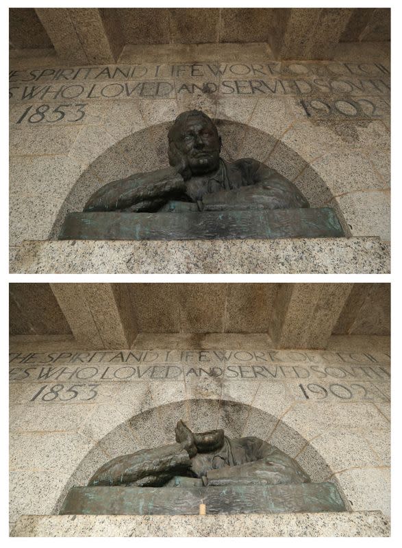 A combination picture shows the bust of Cecil John Rhodes before and after the statue had been vandalised in Cape Town