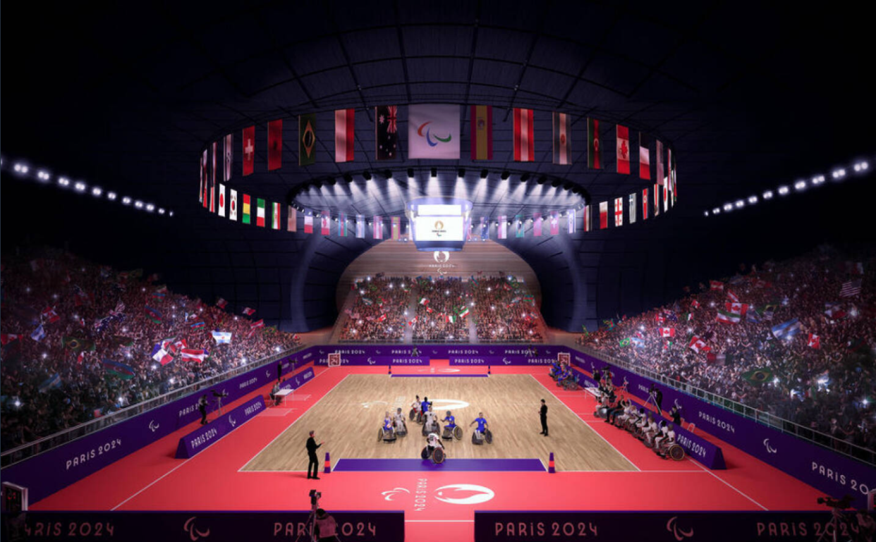 Un visuel du tournoi de basket fauteuil à l’Arena Bercy lors des Jeux paralympiques de Paris-2024.