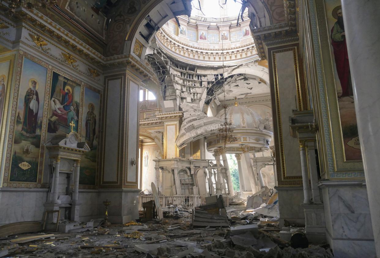 The internal view of the Transfiguration Cathedral damaged by a missile attack in the Odesa region (EPA)