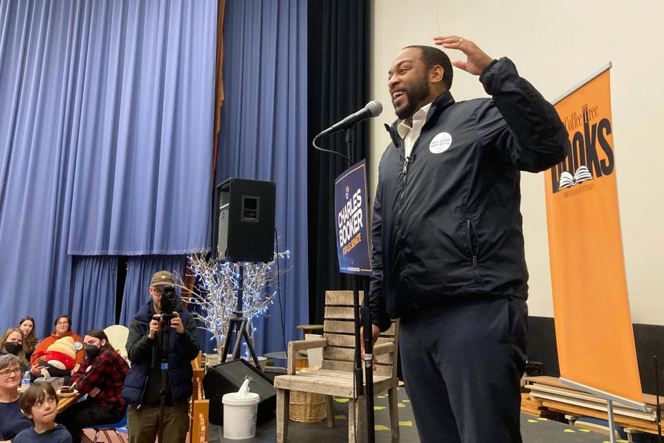 Democrat Charles Booker speaks to supporters at a rally in Morehead, Ky., on Tuesday, Nov. 1, 2022. Booker is stressing his support for abortion rights in challenging Republican Sen. Rand Paul. (AP Photo/Bruce Schreiner)