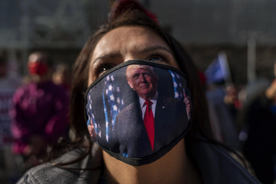 Trump supporter Teresa Rorick attends a protest against the election results outside the central counting board at the TCF Center in Detroit, Friday, Nov. 6, 2020. (AP Photo/David Goldman)