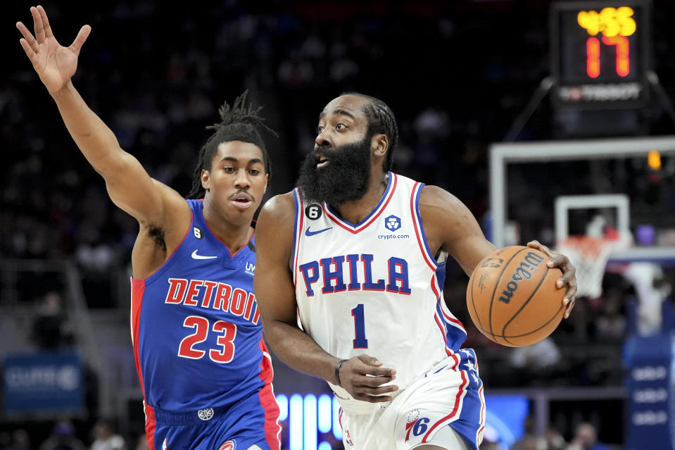 DETROIT, MICHIGAN - JANUARY 08: James Harden #1 of the Philadelphia 76ers drives to the basket against Jaden Ivey #23 of the Detroit Pistons during the first quarter at Little Caesars Arena on January 08, 2023 in Detroit, Michigan. NOTE TO USER: User expressly acknowledges and agrees that, by downloading and or using this photograph, User is consenting to the terms and conditions of the Getty Images License Agreement. (Photo by Nic Antaya/Getty Images)