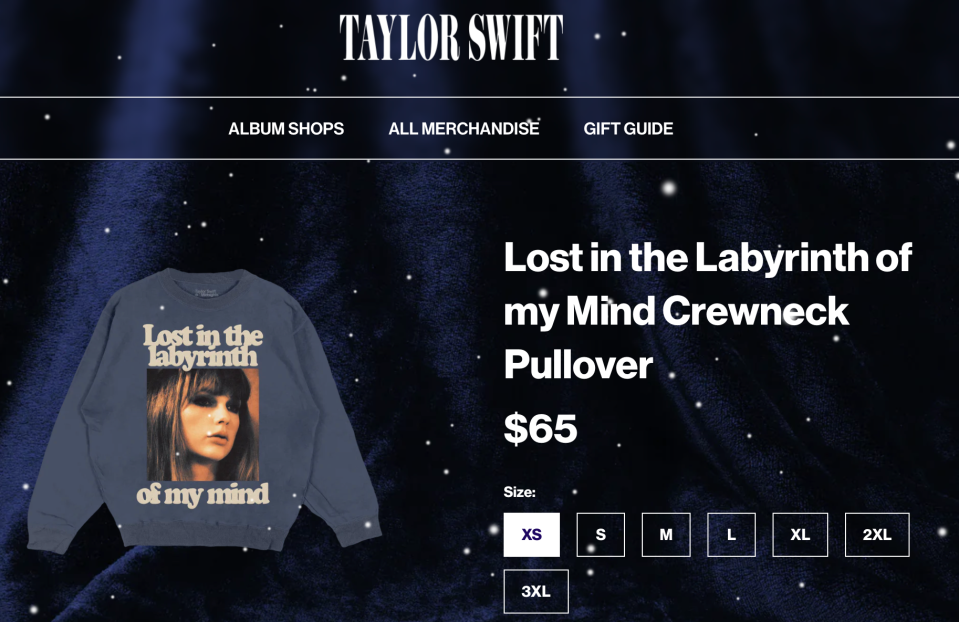 A screenshot from Taylor Swift's online store.