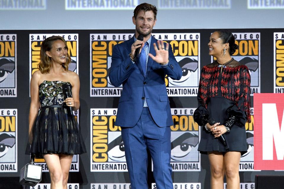 Natalie Portman, Chris Hemsworth, and Tessa Thompson