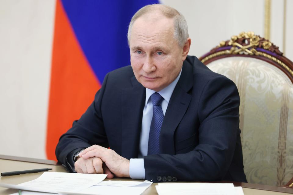 Russian President Vladimir Putin chairs a meeting on the social and economic development of Crimea and Sevastopol via a videoconference at the Moscow's Kremlin in Moscow, Russia, Friday, March 17, 2023. (Sputnik, Kremlin Pool Photo via AP)