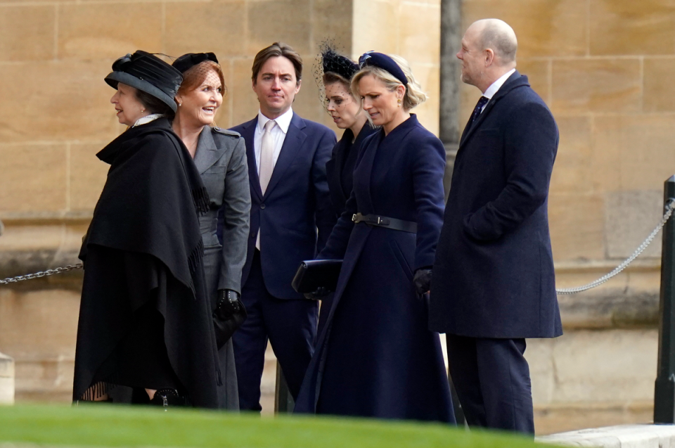 Members of the royal family, (left to right) Princess Royal, Sarah, Duchess of York, Edoardo Mapelli Mozzi and Princess Beatrice and Zara and Mike Tindall, attend a thanksgiving service for the life of King Constantine of the Hellenes at St George's Chapel, in Windsor Castle (Andrew Matthews/PA Wire)