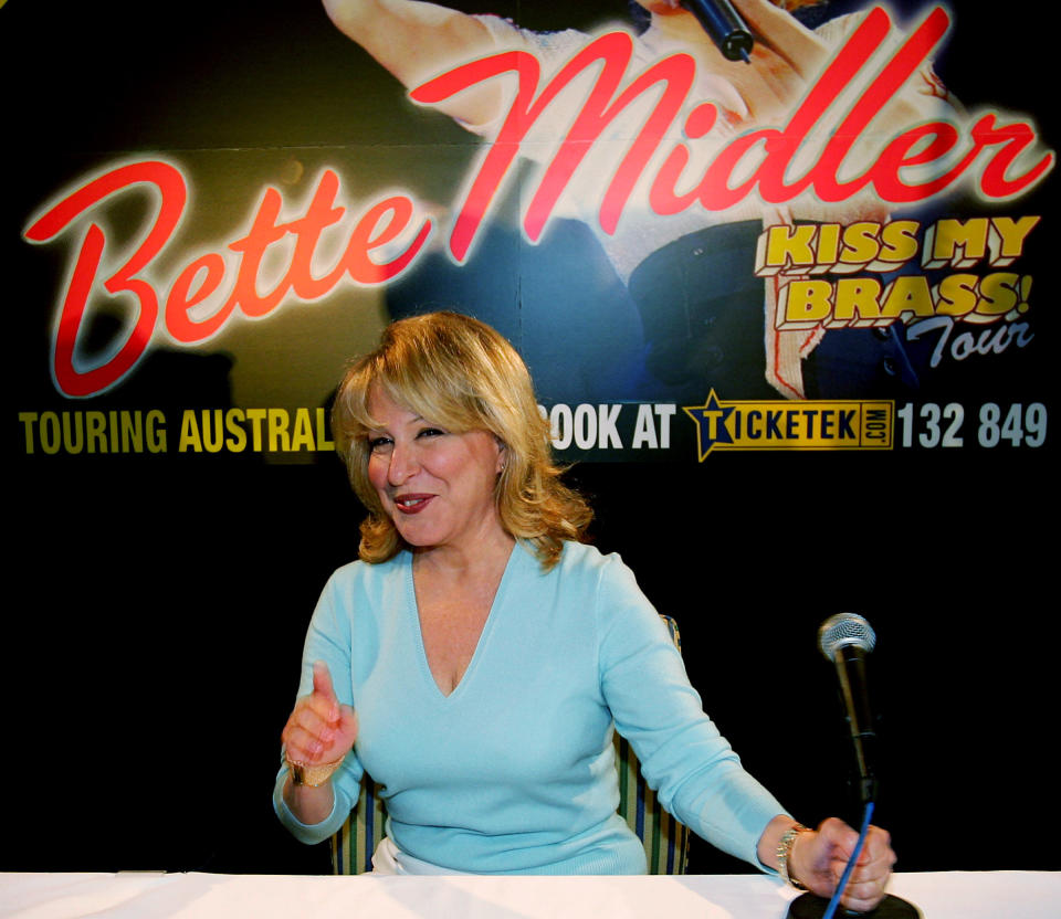 Entertainer Bette Midler of the United States jokes with photographers after participating in a news conference in Sydney. Entertainer Bette Midler of the U.S. jokes with photographers before participating in a news conference in Sydney March 30, 2005. Midler is in Sydney to promote her latest concert tour "Kiss my Brass" REUTERS/Tim Wimborne